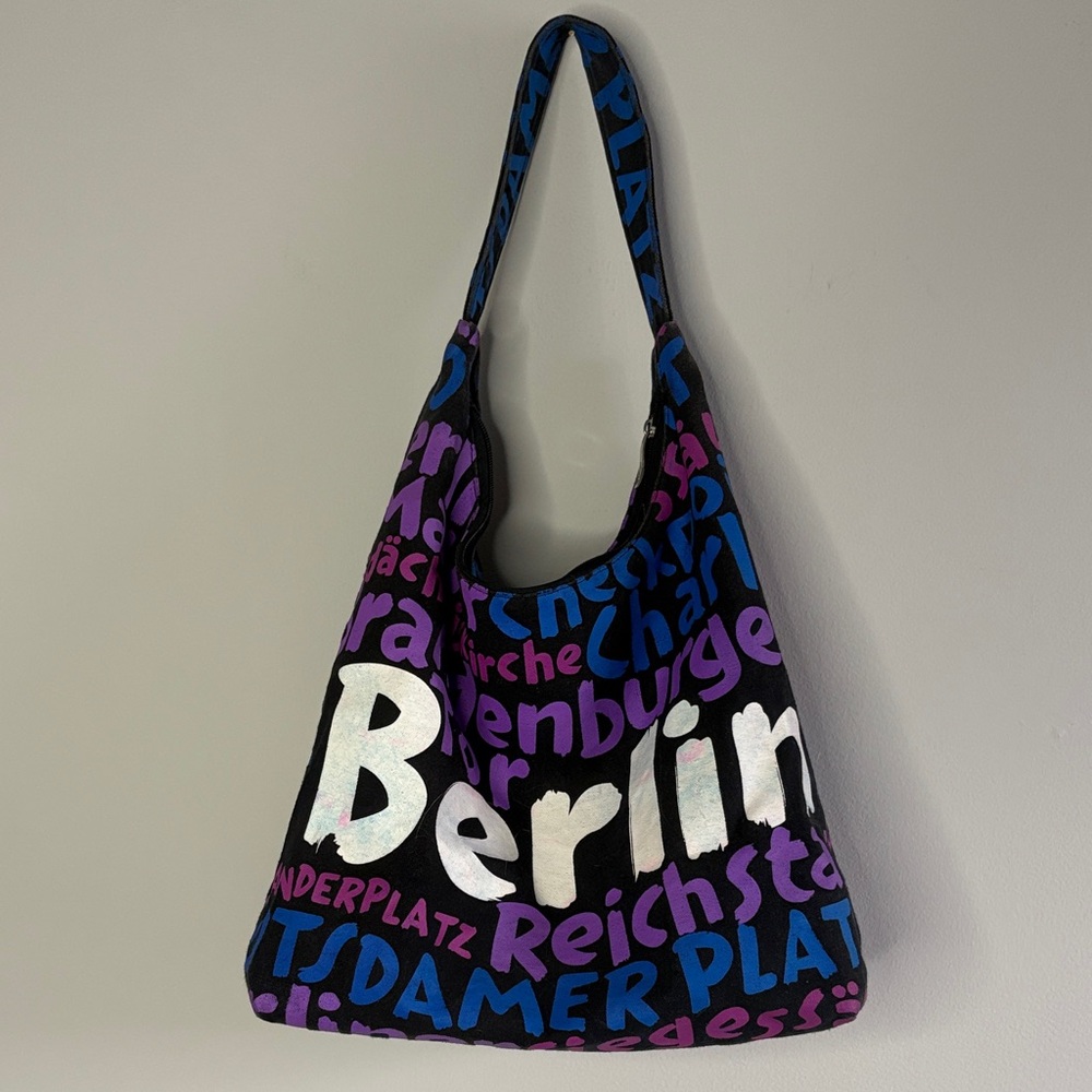 Smiley Berlin Graphic Shoulder Bag Y2K Black Purple Blue Hobo Tote